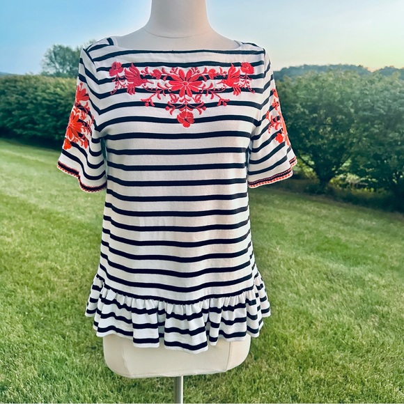 Kate Spade Broome Street Black/White Striped & Embroidered Top - Picture 5 of 16